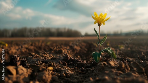 a single yellow flower is growing out of the ground in the middle of a field