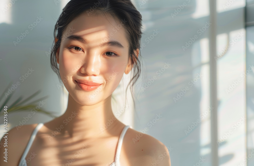 Cute Japanese woman with natural makeup smiling in the morning sunlight, portrait shot, wearing a white tank top, skin care and beauty concept