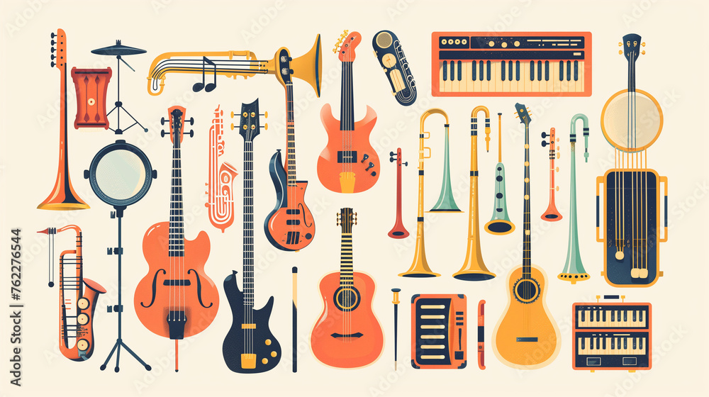 Abstract illustration of various musical instruments, vector art - obrazy, fototapety, plakaty 