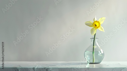 a vase filled with water and a single yellow daffodil sticking out of the top of the vase