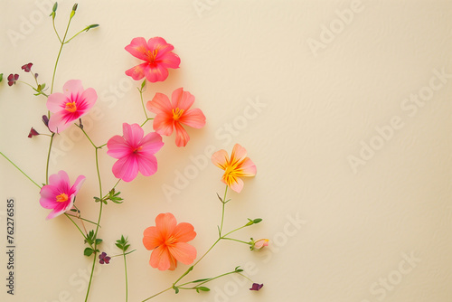 Colorful and beautiful flowers isolated in minimalist copy space cream color background, abstract flowers wallpaper concept banner, Beautiful flowers with empty space for text, colorful spring flowers photo