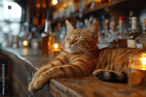 Ginger cat at rest in cozy bar setting, a symbol of tranquility. Invites thoughts of leisure, relaxation. Ideal for hospitality, pet-friendly spaces. Alcoholism concept