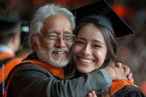 A father embraces a daughter wearing a graduation gown in a heartwarming moment of celebration