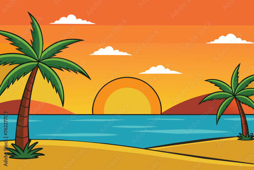 summer background with sunset and palm trees