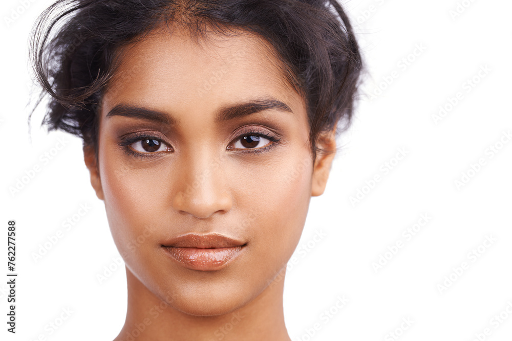 Obraz premium Beauty, makeup and portrait for Indian woman, close up and self care on white background. Confidence, hairstyle and curls for face of ethnic female model, cosmetic and salon treatment in studio