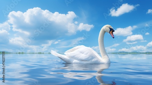 Tranquil landscape graceful swan gliding peacefully on serene lake, creating a serene beauty