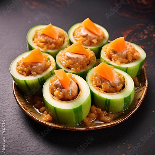 Cucumber-wrapped sushi rolls topped with orange slices, elegantly presented.