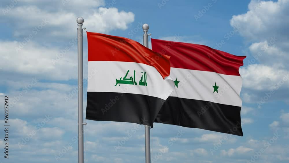 Syrian Arab Republic, Syria and Iraq two flags waving together, looped video, two country cooperation concept