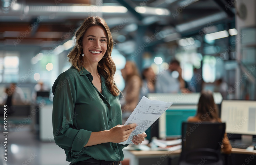 smiling businesswoman holding a paper in her hand while standing near a computer and a group of people working at an office