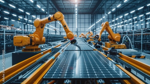 Large-scale production with industrial robot arms at factories, solar panels being assembled on conveyor belts