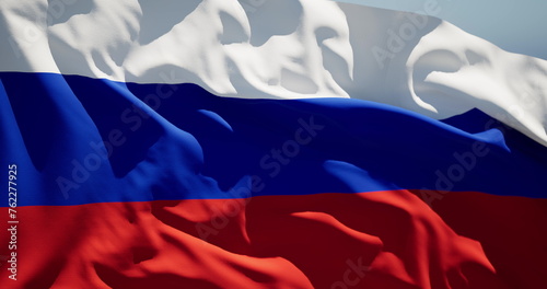 Close-up of the national flag of Russian federation flutters in the wind on a sunny day