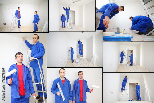Two workers renovate apartment, collage.