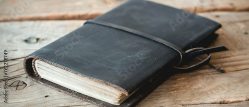 A sleek black leather journal with crisp  empty pages waiting to be filled with thoughts.