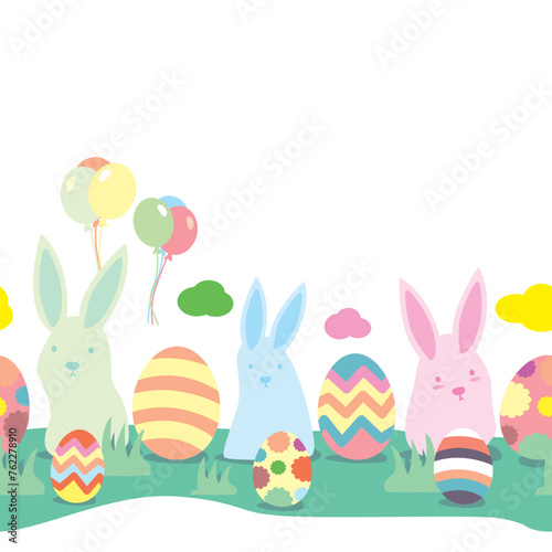 Vector Easter egg hunt poster invitation template in pastel color. Cute rabbits and easter eggs. Isolated seamless stripe pattern design on a white background.