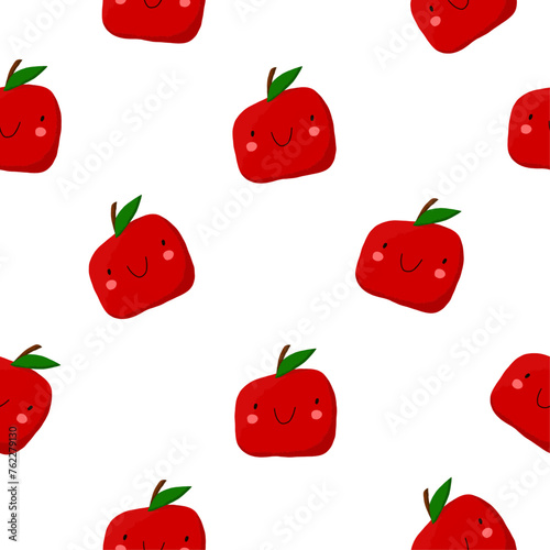 Cute Seamless Pattern with Red Apples with Green Leaves. Repeatable Print with Happy Apples Isolated on a White Background. Funny Fruit Print Perfect for Pattern, Fabric. Endless Nursery Art.