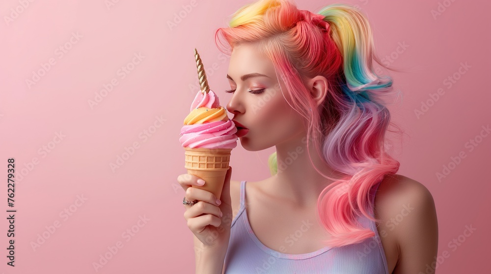 A beautiful unicorn girl with colorful rainbow hair eats rainbow ice cream in cone, on pink background