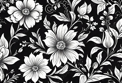 black and white floral pattern on a dark background 