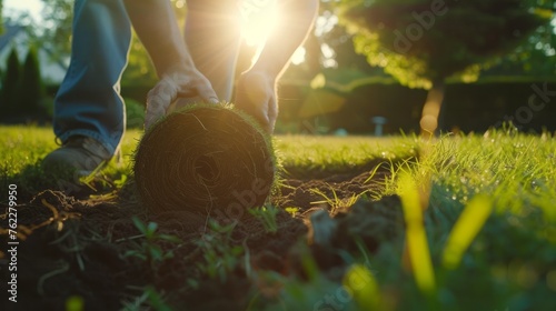 Close up male gardener hands scroll green lawn photo