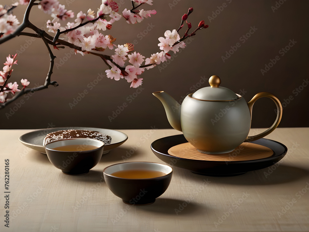 Serenity in Spring: Twin Cups of Green Tea Beneath Sakura Blossoms. Time for tea. Serenity in Spring: Twin Cups of Green Tea Beneath Sakura Blossoms. Time for tea.