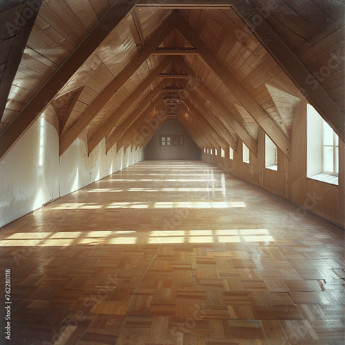 photo of a attic in an empty pension, Labyrinth of chambers, clean, parquet floor. no window. Volumetric light and shadow. 19th century photo