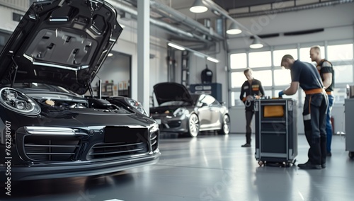 A team of mechanics is working on a vehicle in a garage, inspecting the hood, automotive lighting, grille, bumper, and tires of the personal luxury car photo
