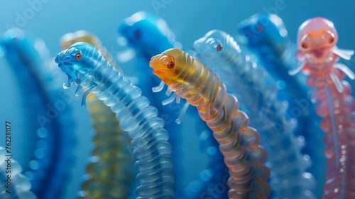 Close-up of superworms transforming plastic into hope, beside blue polypropylene pillars, against a minimal blue backdrop, Surealistic, fantasy photo