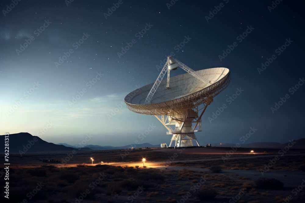 Astronomical Radio telescope pointing sky. Astronomy space science antenna rotation. Generate Ai Astronomical Radio telescope pointing sky. Astronomy space science antenna rotation. Generate Ai