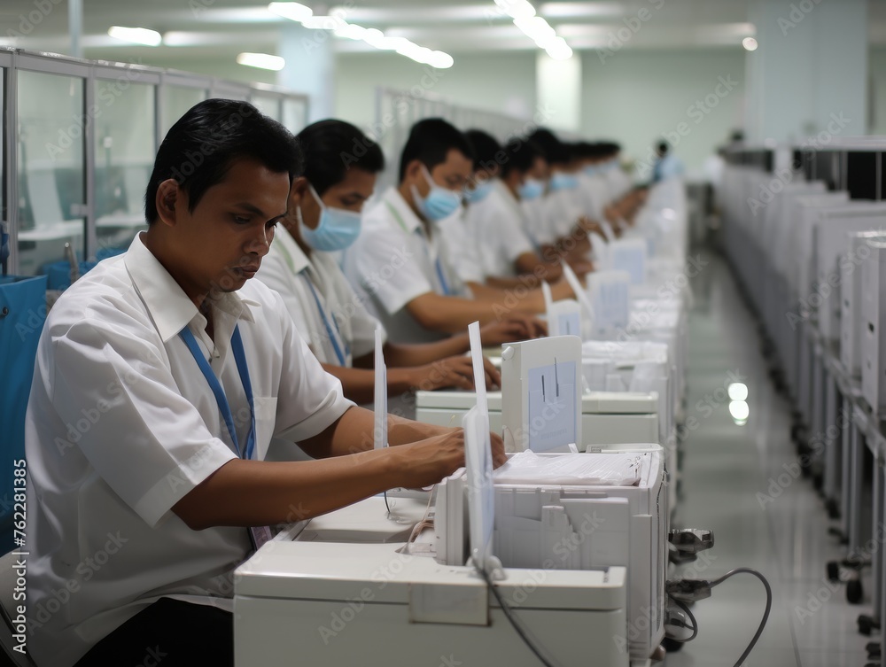 Group of Men in White Lab Coats Operating Machines Group of Men in White Lab Coats Operating Machines