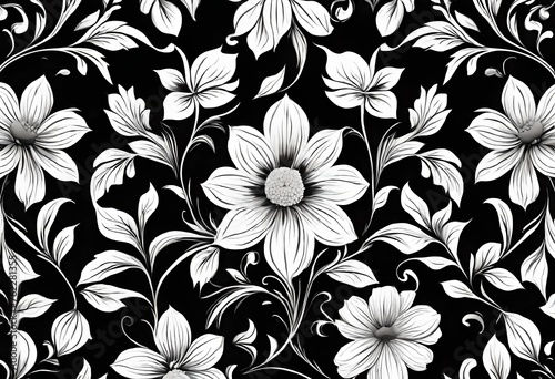 black and white floral pattern on a dark background 