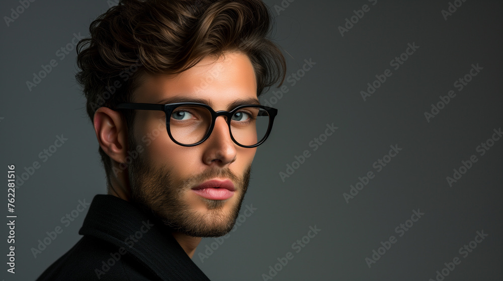 Fototapeta premium A man with glasses and a beard is standing in front of a gray background with copy space.