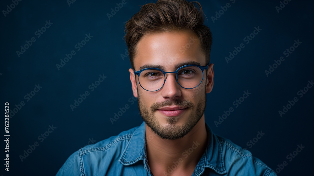 Obraz premium A man with glasses and a beard is smiling at the camera