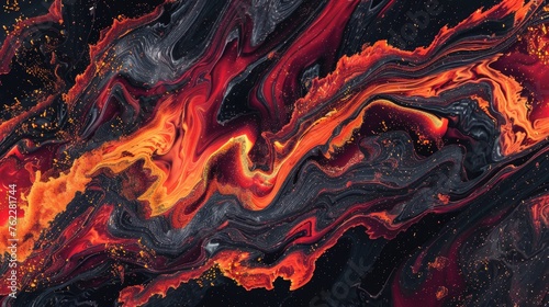 "Dynamic fluid art with swirling red, orange, and black. Abstract painting concept for vibrant background and creative design."