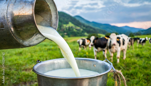 Pouring milk from old metal jug into pot. Rural Dairy Farm. Rural life, healthy eating and dairy products concept
