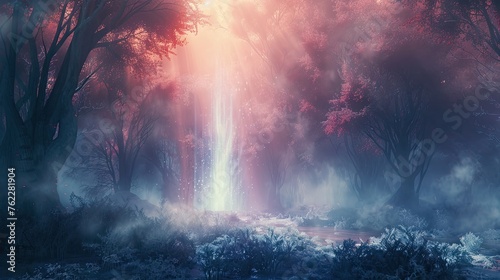 "Fantasy forest with mystical pink fog and sun rays. Enchanted woodland scene for dreamy atmosphere concept. Design for book cover, wallpaper, poster."