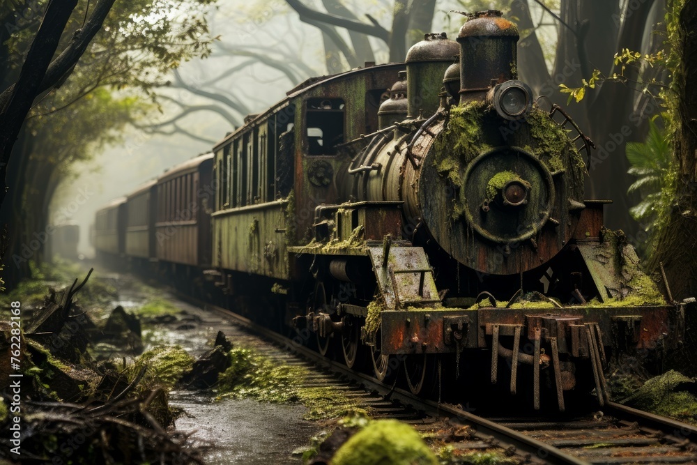 Fototapeta premium Ancient Railroad forest train. Rail nature. Generate Ai
