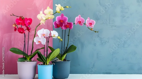 Beautiful tropical orchid flowers in pots on floor near color wall