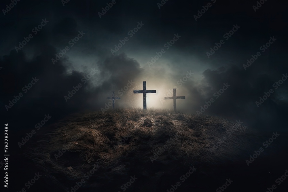 three cross on the hill in dark cloudy with light from above. can be use for Easter or Christian background, copy space - generative ai three cross on the hill in dark cloudy with light from above. can be use for Easter or Christian background, copy space - generative ai