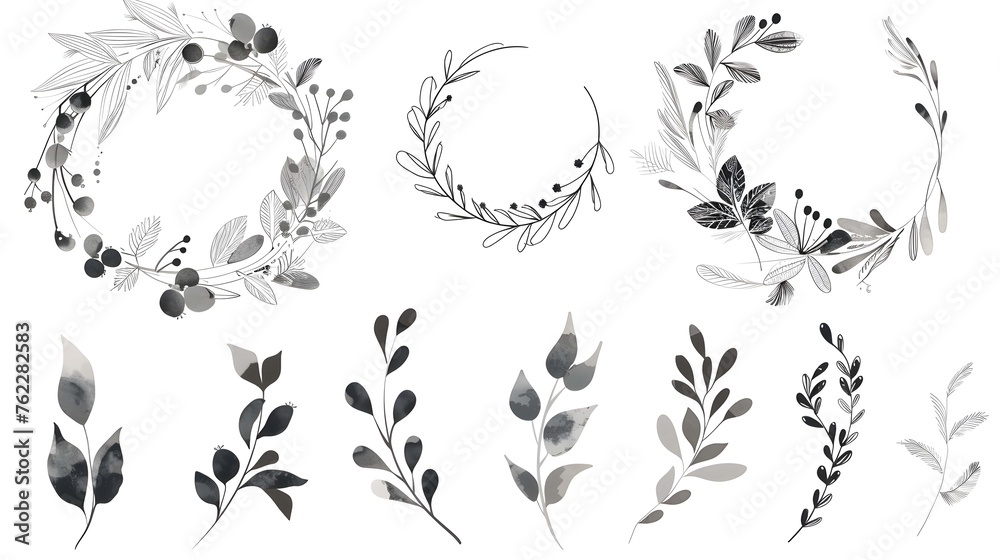 Big set with wreath, design elements, frames, calligraphic. Vector floral illustration with branches, berries, feathers and leaves. Nature frame on white background - obrazy, fototapety, plakaty 