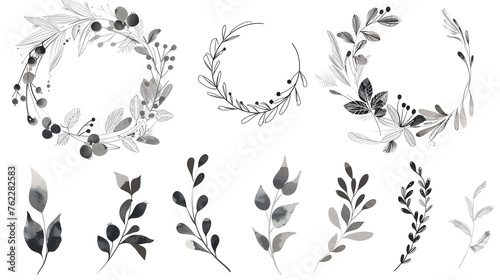 Big set with wreath  design elements  frames  calligraphic. Vector floral illustration with branches  berries  feathers and leaves. Nature frame on white background