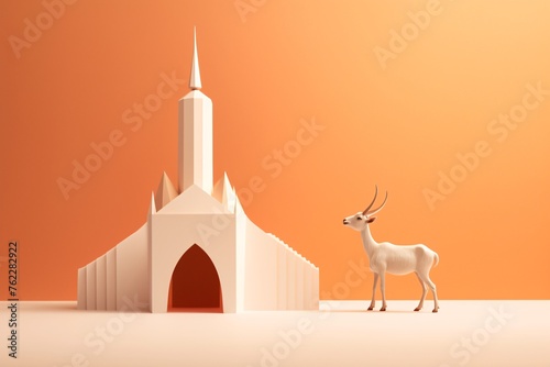 a white deer standing next to a building