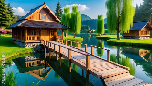 wooden bridge wooden house  pond tree Generative AI