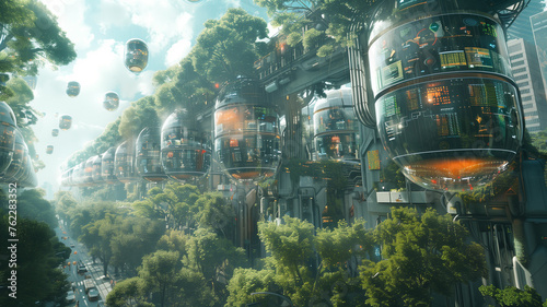 A futuristic cityscape with many buildings and trees