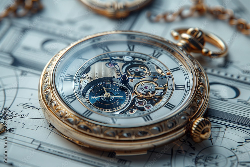 A gold and white pocket watch with roman numerals on the face sits on top of a s