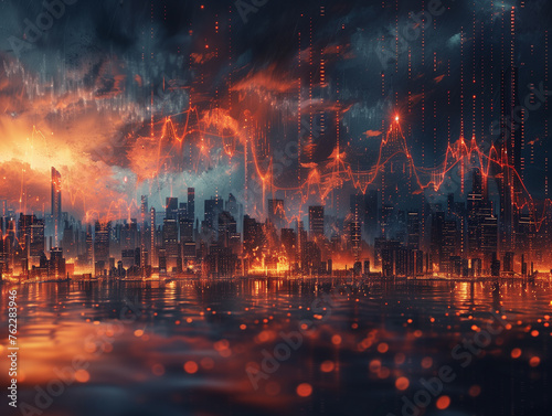 A cityscape with a dark sky and orange and red lights
