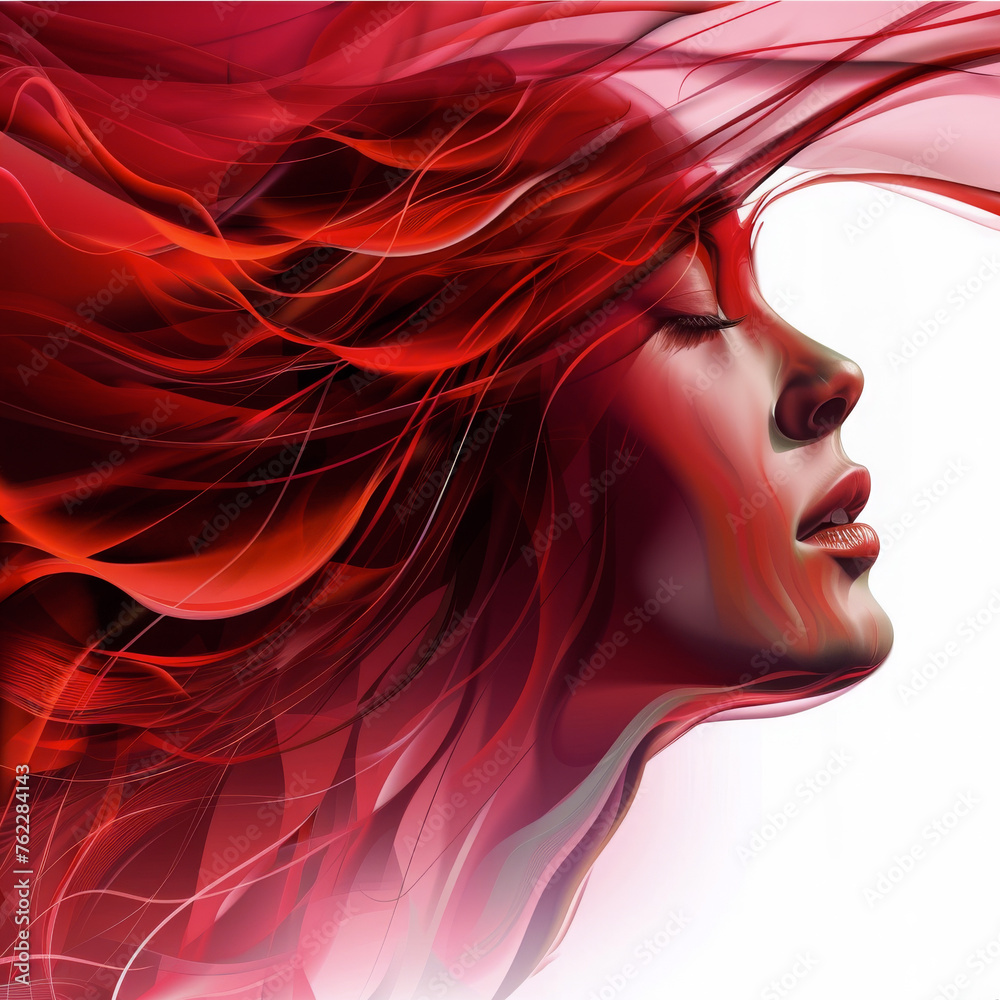 Vivid digital portrait of a woman with flowing red hair, Realistic digital art illustration. Beauty and fantasy concept. Design for poster, modern art print