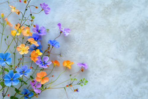Colorful beautiful flowers isolated in abstract minimalist copy space background, abstract flowers wallpaper concept, Beautiful flowers with empty space for text, top view of colorful spring flowers