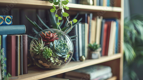 A terrarium filled with succulents and air plants, nestled among books and trinkets on a bookshelf, bringing a touch of nature indoors. photo