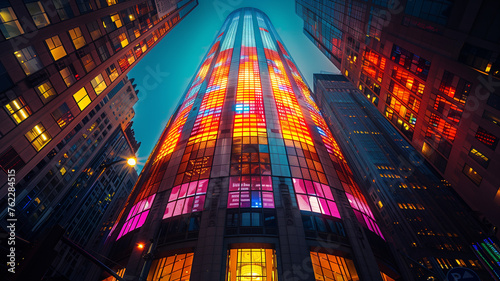 A tall building with a colorful facade is lit up at night