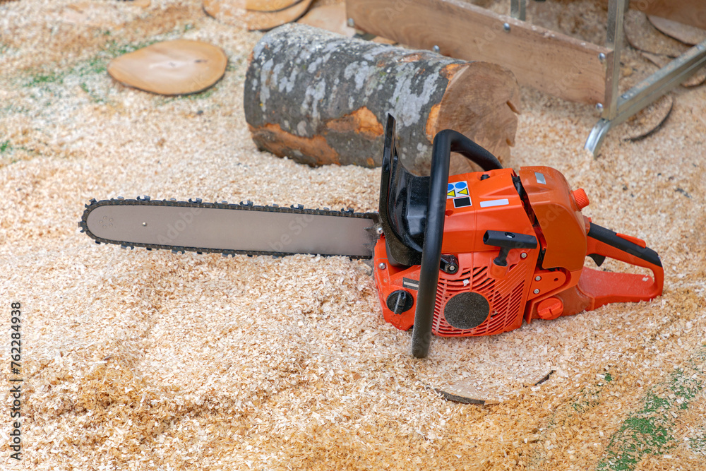 Petrol Powered Chainsaw Cutting Wood Lumberjack Equipment in Sawdust