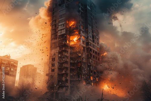 shell hits a multi-story building. War  Russian invasion of Ukraine